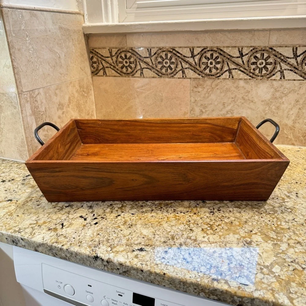 Large Rectangular Wood Tray with Metal Handles